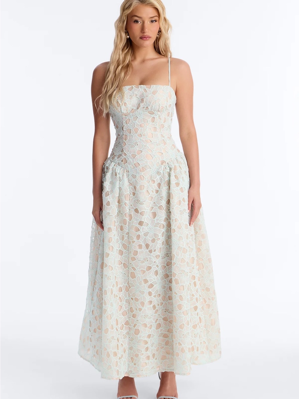 Fashion Nova Pale Blue Strapless Lace Maxi Dress
